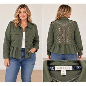 Kate & Sam Utility Jacket XL Olive Green Boho Peplum Embroidered Boho Gorpcore